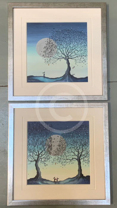 Hope Moon I and II by Catherine Stephenson Mounted Miniature framed in pewter cube