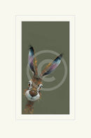 Framed artwork of a rabbit with long ears on a dark green background