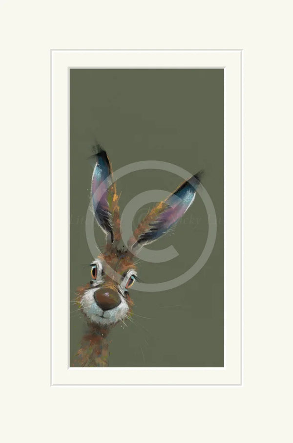 Framed artwork of a rabbit with long ears on a dark green background