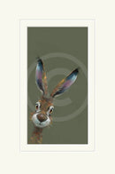 Framed artwork of a rabbit with long ears on a dark green background