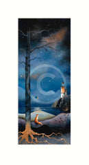 Artistic depiction of a fox by a tree with a lighthouse in the distance under a starry sky.