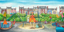 Is Anyone Looking? by Dotty Earl — a mum in a nostalgic park scene glancing around at the empty swings while her children play on the roundabout, her dog looking up encouragingly