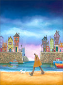 It's a Shore Thing by Dotty Earl — tall figure in a long coat walking along harbour sand with a little white dog, colourful townhouses lining the harbour wall, fishing boats bobbing in the water
