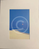 Contemporary landscape with a blue sky, pink moon, and beige ground.