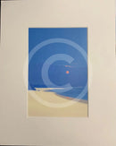 Contemporary landscape with a blue sky, pink moon, and beige ground.