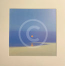  landscape with a small orange moon over a blue sky and sandy foreground.