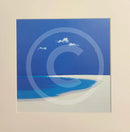 Mounted artwork of a blue sky with white clouds and a body of water.