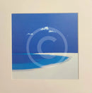 Mounted artwork of a blue sky with white clouds and a body of water.