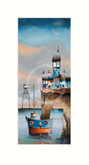 Artistic depiction of a lighthouse and boat with a stylized sky and moon.