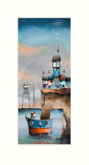 Artistic depiction of a lighthouse and boat with a stylized sky and moon.