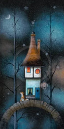 Love to the Moon by Gary Walton — tall narrow tower cottage with glowing orange windows perched on a stone arch bridge at night, fox sitting on the arch looking up, bare winter trees either side and a crescent moon in a deep teal starry sky