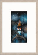 Love to the Moon by Gary Walton — tall narrow tower cottage with glowing orange windows perched on a stone arch bridge at night, fox sitting on the arch looking up, bare winter trees either side and a crescent moon in a deep teal starry sky - oak effect frame
