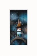 Love to the Moon by Gary Walton — tall narrow tower cottage with glowing orange windows perched on a stone arch bridge at night, fox sitting on the arch looking up, bare winter trees either side and a crescent moon in a deep teal starry sky - mounted