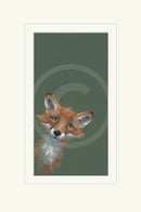 Mounted artwork of a fox peeking over a green background