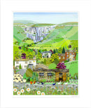 Malham, a contemporary colourful landscape art print by Linda Mellin featuring lots of local landmarks, perfect for modern home decor. 