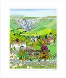 Malham, a contemporary colourful landscape art print by Linda Mellin featuring lots of local landmarks, perfect for modern home decor. 