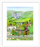 Malham, a contemporary colourful landscape art print by Linda Mellin featuring lots of local landmarks, perfect for modern home decor. 