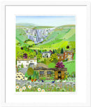 Malham, a contemporary colourful landscape art print by Linda Mellin featuring lots of local landmarks, perfect for modern home decor. 