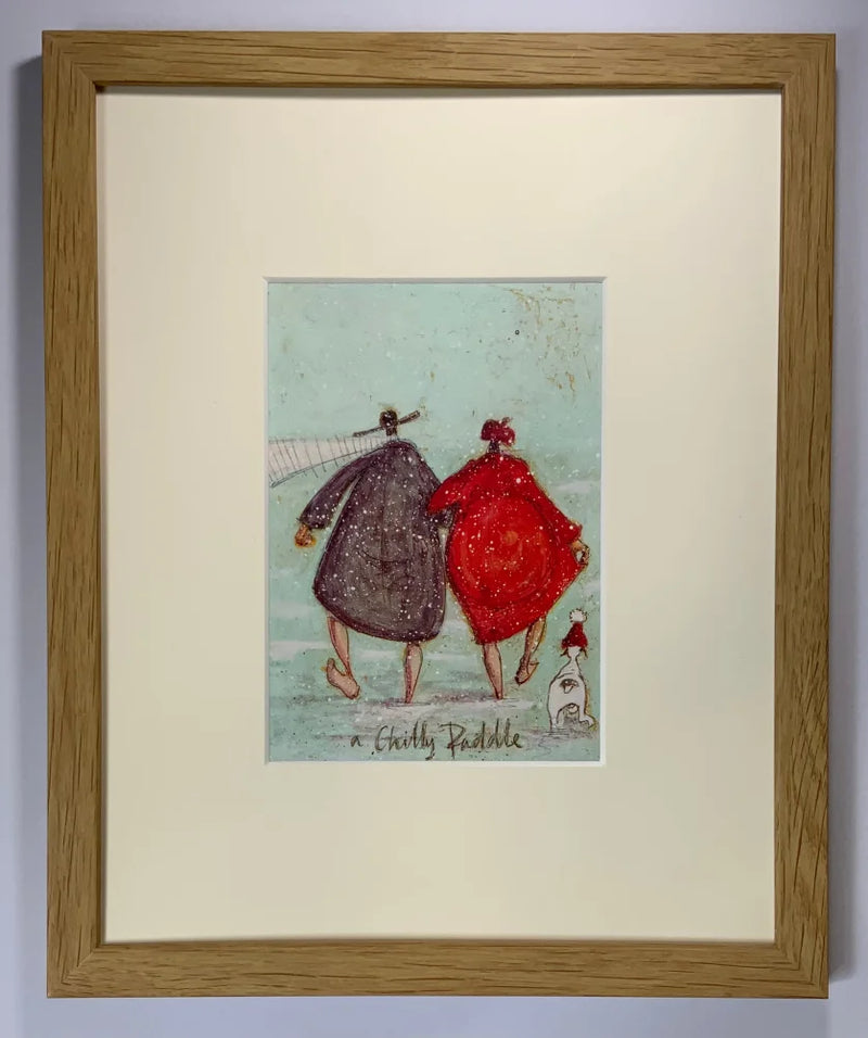 Meet the Mustards: A Chilly Paddle by Sam Toft mounted miniature Framed in Small Cube Oak Mounted Print