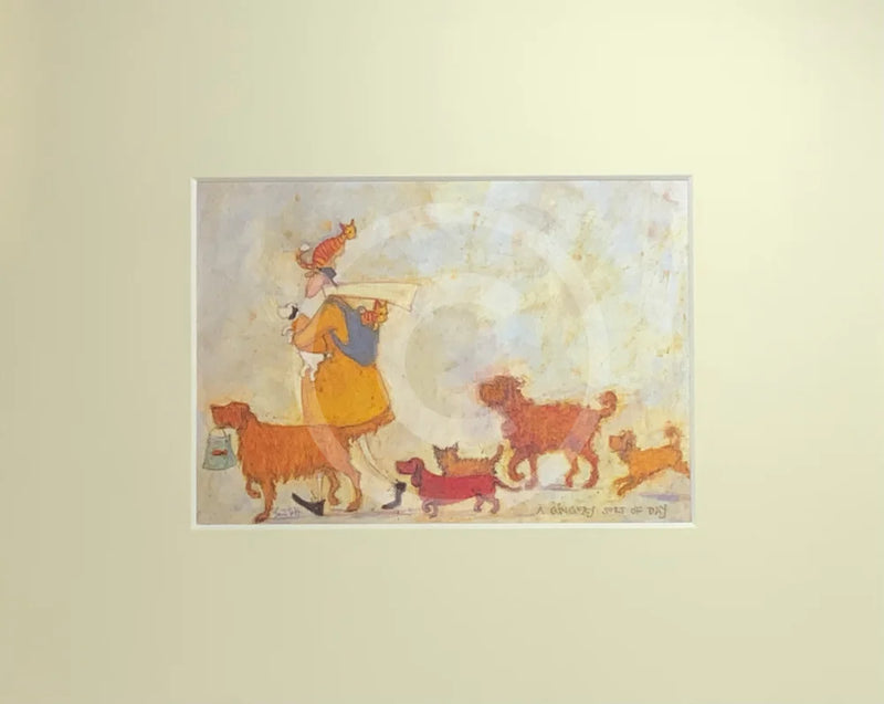 A Gingery Sort of Day by Sam Toft, mounted miniature print, ginger coloured cats and dogs
