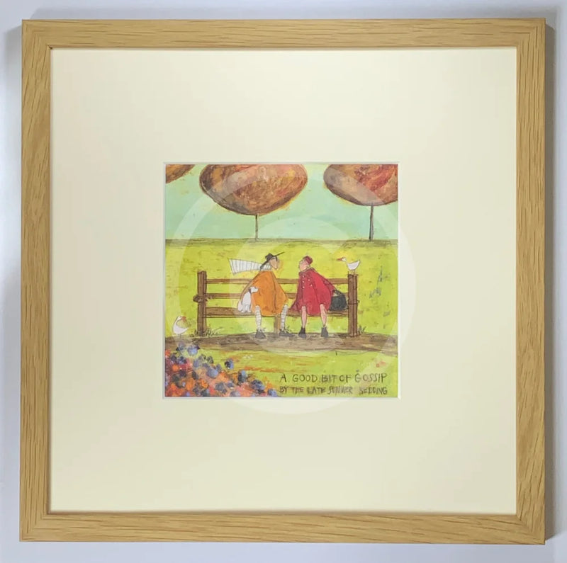 Meet the Mustards: A Good Bit of Gossip by Sam Toft, mounted miniature print. A couple sat on a bench having a gossip. Their black and white dog sits beside them while two white ducks look on. Framed in oak.