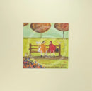 Meet the Mustards: A Good Bit of Gossip by Sam Toft, mounted miniature print. A couple sat on a bench having a gossip. Their black and white dog sits beside them while two white ducks look on. 