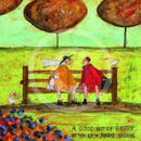 Meet the Mustards: A Good Bit of Gossip by Sam Toft, mounted miniature print. A couple sat on a bench having a gossip. Their black and white dog sits beside them while two white ducks look on. 