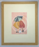 Meet the Mustards: A Sneaky One by Sam Toft, mounted miniature. A couple having a cuddle under an umbrella as a little white dog looks on. Framed in oak.