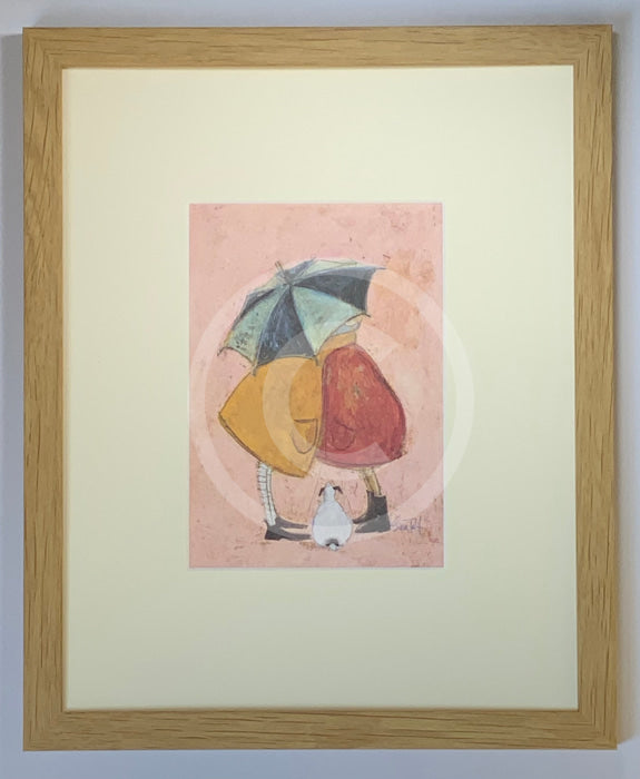 Meet the Mustards: A Sneaky One by Sam Toft, mounted miniature. A couple having a cuddle under an umbrella as a little white dog looks on. Framed in oak.
