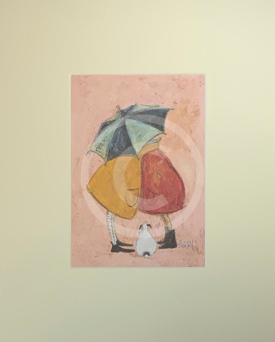 Meet the Mustards: A Sneaky One by Sam Toft, mounted miniature. A couple having a cuddle under an umbrella as a little white dog looks on. 