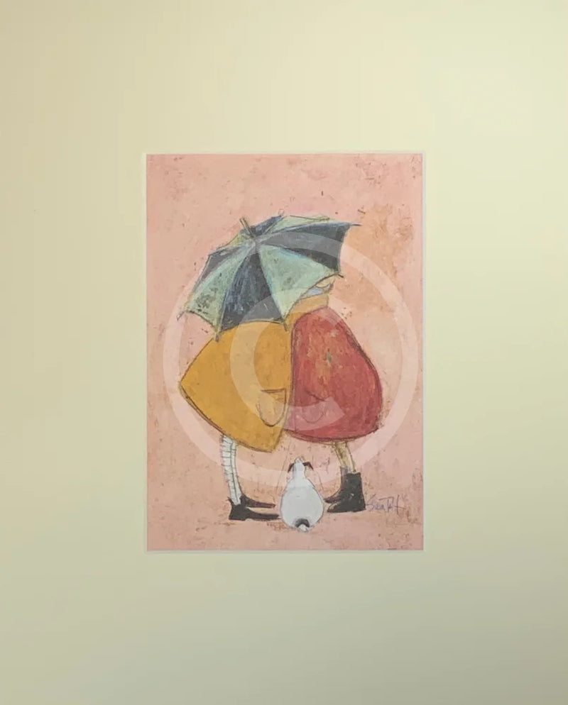 Meet the Mustards: A Sneaky One by Sam Toft, mounted miniature. A couple having a cuddle under an umbrella as a little white dog looks on. 