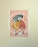 Meet the Mustards: A Sneaky One by Sam Toft, mounted miniature. A couple having a cuddle under an umbrella as a little white dog looks on. 