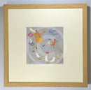 Meet the Mustards: The Afternoon Tea Dance by Sam Toft, mounted miniature print. A fun picture of a man called Mr Mustard leading the way, carrying a plate full of afternoon tea goodies for his dancing entourage of animals including dogs, a cat and ducks. Framed in oak.