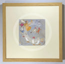 Meet the Mustards: The Afternoon Tea Dance by Sam Toft, mounted miniature print. A fun picture of a man called Mr Mustard leading the way, carrying a plate full of afternoon tea goodies for his dancing entourage of animals including dogs, a cat and ducks. Framed in oak.