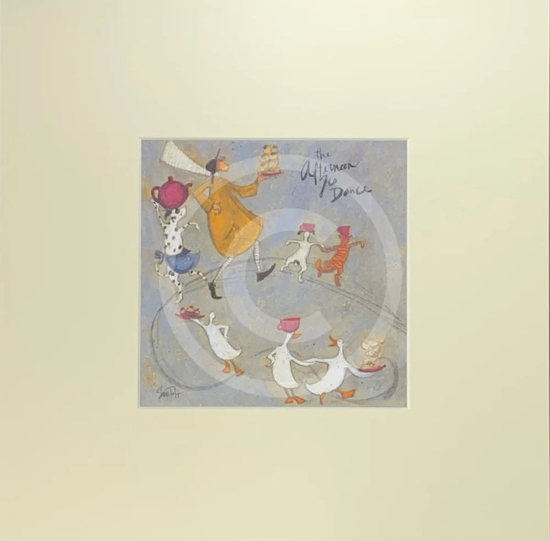 Meet the Mustards: The Afternoon Tea Dance by Sam Toft, mounted miniature print. A fun picture of a man called Mr Mustard leading the way, carrying a plate full of afternoon tea goodies for his dancing entourage of animals including dogs, a cat and ducks. 