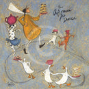 Meet the Mustards: The Afternoon Tea Dance by Sam Toft, mounted miniature print. A fun picture of a man called Mr Mustard leading the way, carrying a plate full of afternoon tea goodies for his dancing entourage of animals including dogs, a cat and ducks. 