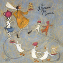 Meet the Mustards: The Afternoon Tea Dance by Sam Toft, mounted miniature print. A fun picture of a man called Mr Mustard leading the way, carrying a plate full of afternoon tea goodies for his dancing entourage of animals including dogs, a cat and ducks. 