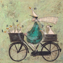 Meet the Mustards: All Aboard the Ducky Express by Sam Toft, mounted miniature print. A fun pictures of a man on a bicycle with two baskets carrying several white ducks and his black and white dog. 