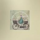 Meet the Mustards: All Aboard the Ducky Express by Sam Toft, mounted miniature print. A fun pictures of a man on a bicycle with two baskets carrying several white ducks and his black and white dog. 