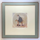 Meet the Mustards: Another Grand Adventure Begins by Sam Toft, mounted miniature print. A fun print of a man sitting on a toy dog with wheels taking his own black and white dog on an adventure. Framed in Nordic Blue.