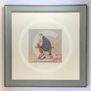 Meet the Mustards: Another Grand Adventure Begins by Sam Toft, mounted miniature print. A fun print of a man sitting on a toy dog with wheels taking his own black and white dog on an adventure. Framed in Nordic Blue.