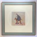 Meet the Mustards: Another Grand Adventure Begins by Sam Toft, mounted miniature print. A fun print of a man sitting on a toy dog with wheels taking his own black and white dog on an adventure. Framed in Nordic Blue.