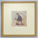 Meet the Mustards: Another Grand Adventure Begins by Sam Toft, mounted miniature print. A fun print of a man sitting on a toy dog with wheels taking his own black and white dog on an adventure. Framed in oak.