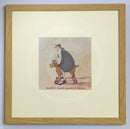 Meet the Mustards: Another Grand Adventure Begins by Sam Toft, mounted miniature print. A fun print of a man sitting on a toy dog with wheels taking his own black and white dog on an adventure. Framed in oak.