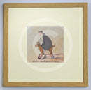 Meet the Mustards: Another Grand Adventure Begins by Sam Toft, mounted miniature print. A fun print of a man sitting on a toy dog with wheels taking his own black and white dog on an adventure. Framed in oak.