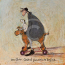 Meet the Mustards: Another Grand Adventure Begins by Sam Toft, mounted miniature print. A fun print of a man sitting on a toy dog with wheels taking his own black and white dog on an adventure. 