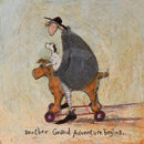 Meet the Mustards: Another Grand Adventure Begins by Sam Toft, mounted miniature print. A fun print of a man sitting on a toy dog with wheels taking his own black and white dog on an adventure. 
