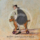 Meet the Mustards: Another Grand Adventure Begins by Sam Toft, mounted miniature print. A fun print of a man sitting on a toy dog with wheels taking his own black and white dog on an adventure. 