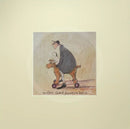 Meet the Mustards: Another Grand Adventure Begins by Sam Toft, mounted miniature print. A fun print of a man sitting on a toy dog with wheels taking his own black and white dog on an adventure. 