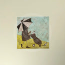 Meet the Mustards: Back to the Clubhouse by Sam Toft, mounted miniature print. A golf themed print of a person in a black coat holding up a black and white umbrella, carrying a dog in his golf club bag. A magpie leads the way. 
